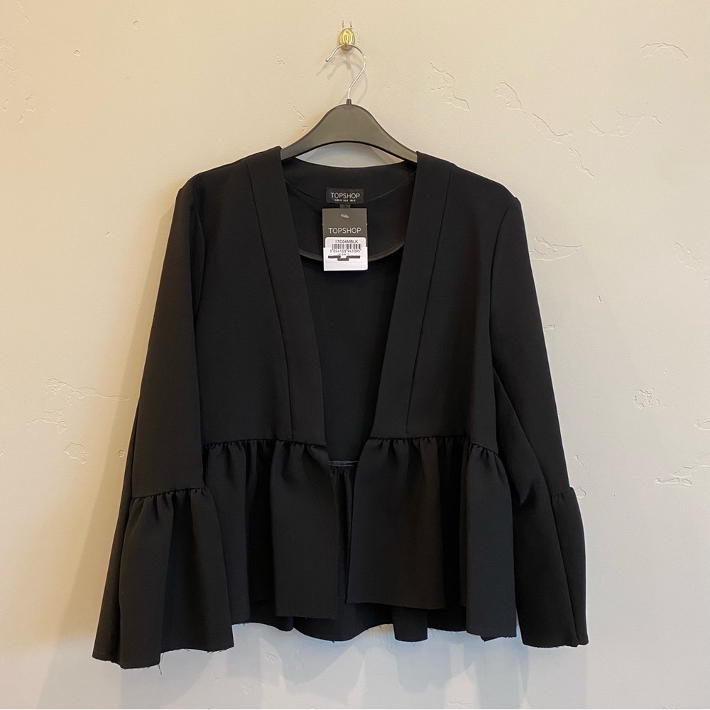 TOPSHOP Black Open Front Peplum Dress Jacket Raw Hem - Picture 1 of 7